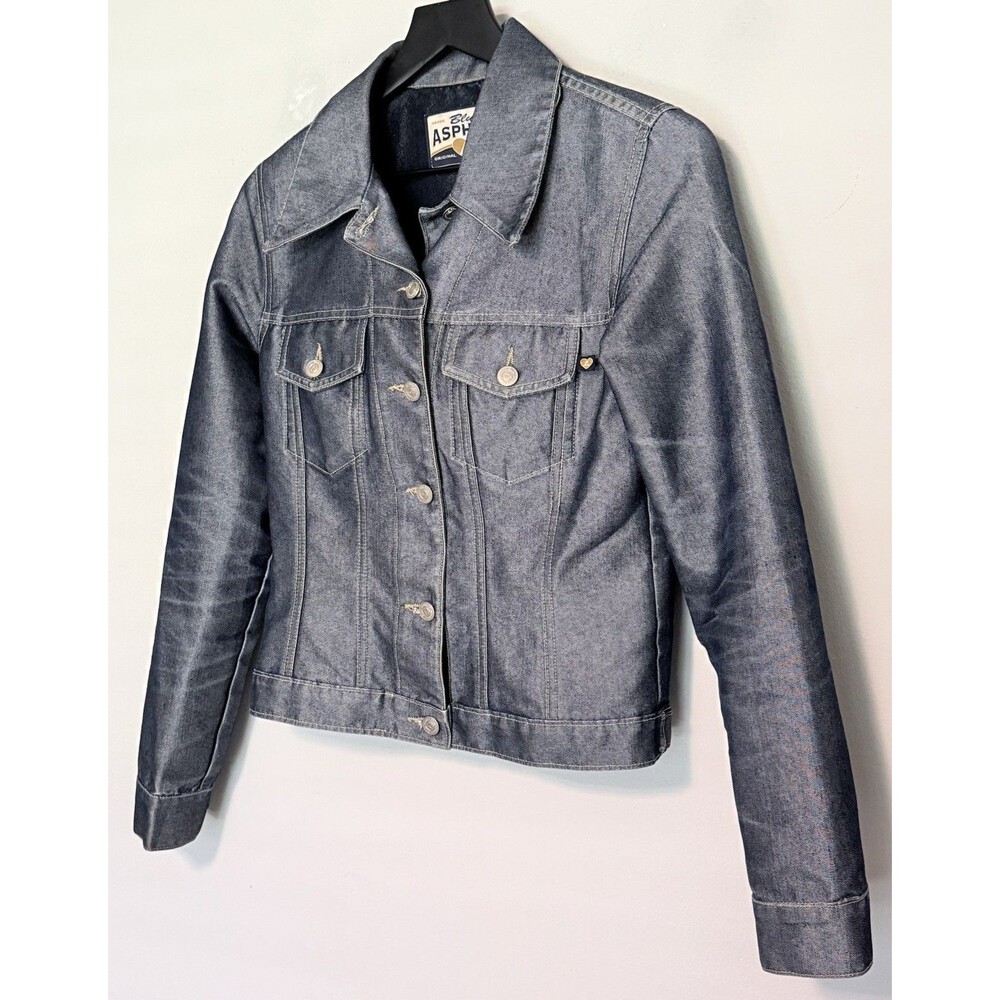 Vintage 90s Blue Asphalt Denim Jacket Sz S Metallic Coating Shiny Y2K USA